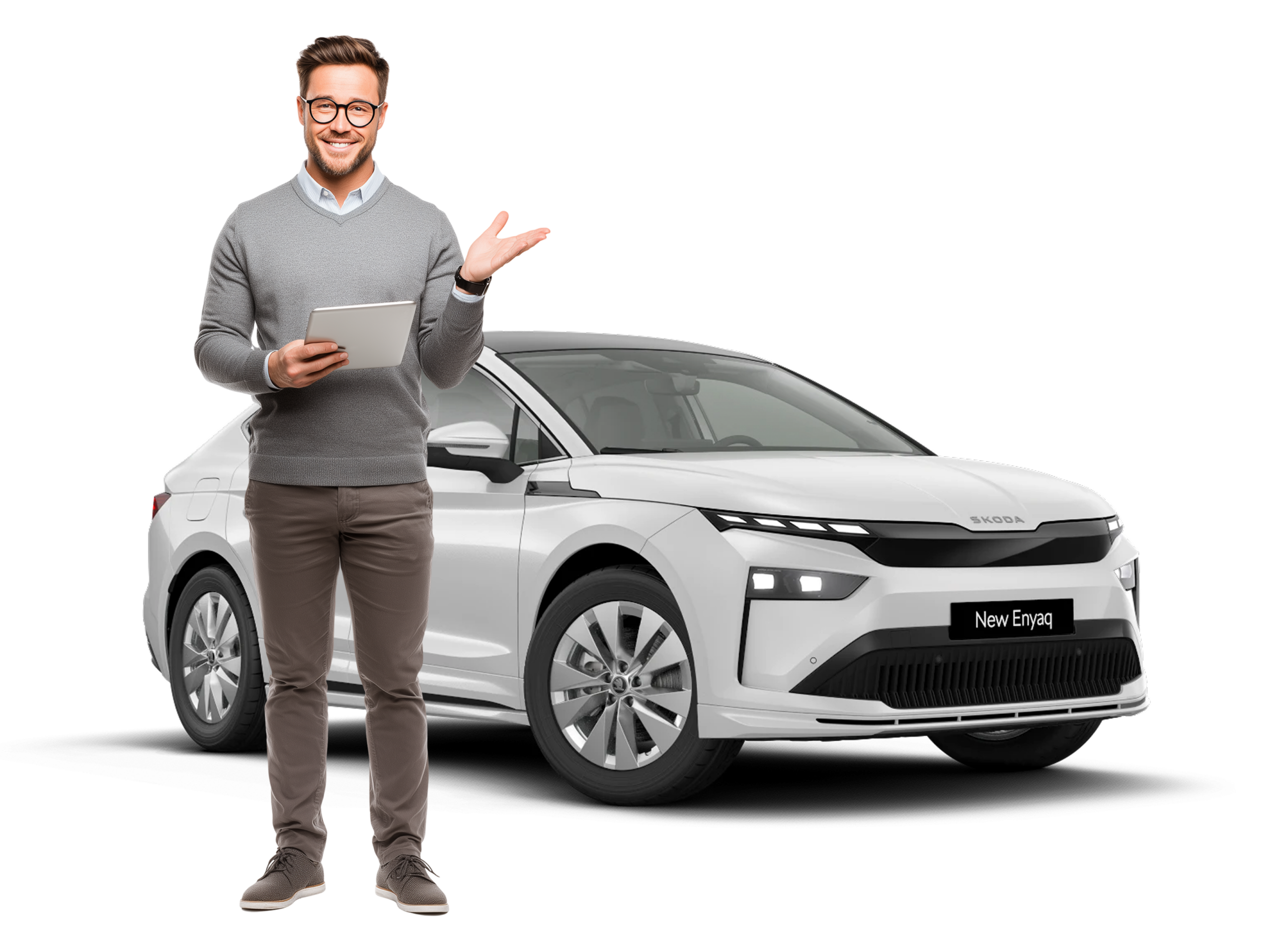 Mann med nettbrett foran Škoda Enyaq elbil – Leanor leasingplattform