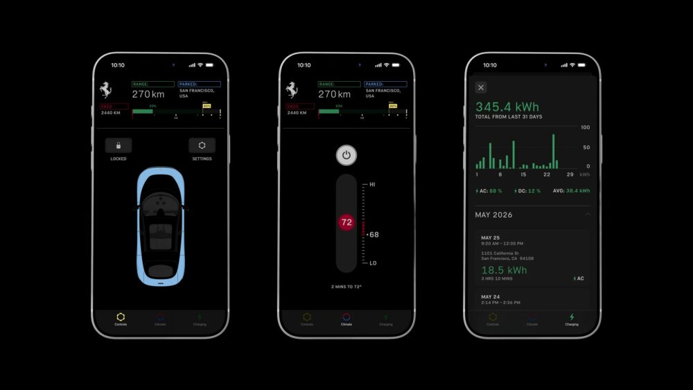 Ferrari Luce mobilapp med kontroll, klimastyring og ladehistorikk – digital nøkkel og tilkobling via smarttelefon